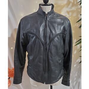 Fashions by Rose Vtg Leather Jacket Womens Size 14 Long Black Motorcycle Biker